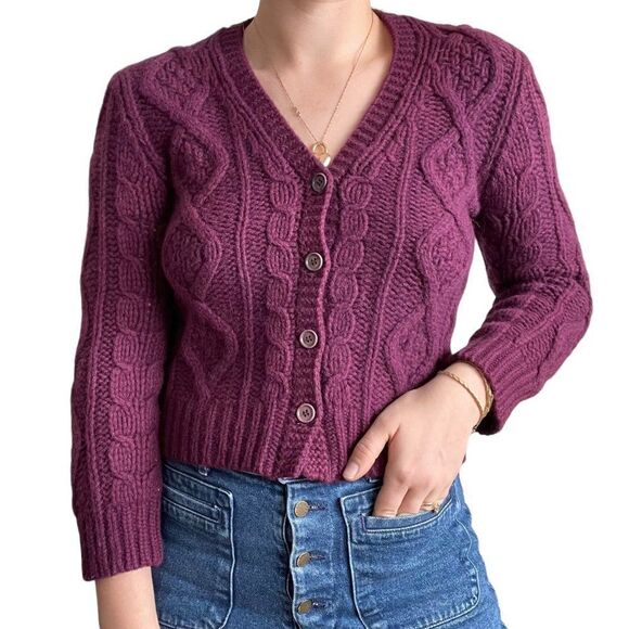 J Crew Womens Purple Chunky Cable Knit Alpaca Wool Blend Cardigan Sz XS - Picture 6 of 9